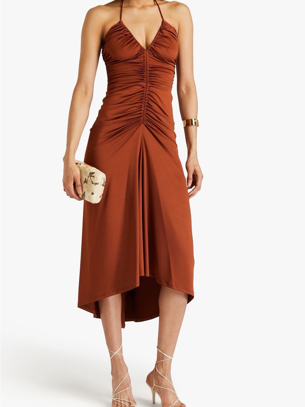 NWOT - Veronica Beard Saskia ruched satin-jersey halterneck midi (US 16)